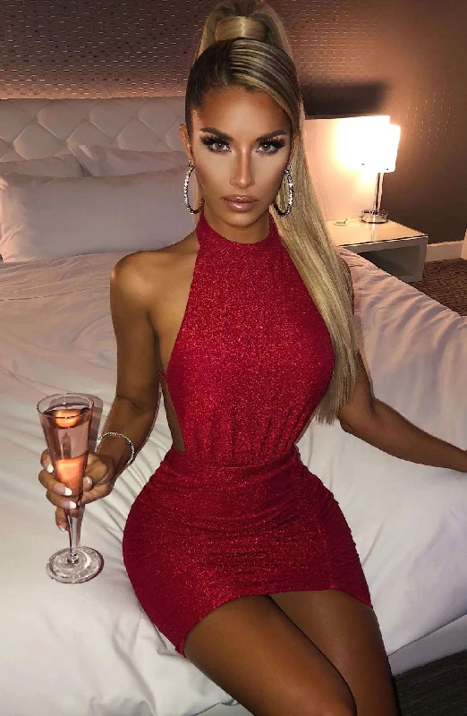 Bodycon Dress | Backless Halter Mini Dress Wine Red Trendy Mini Dress with Belt