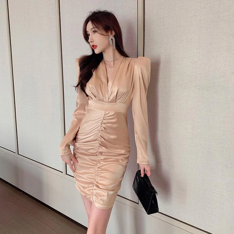 Champagne Elegant Ruffled V-Neck Bandage Mini Dress Classic Shift Mini Dress