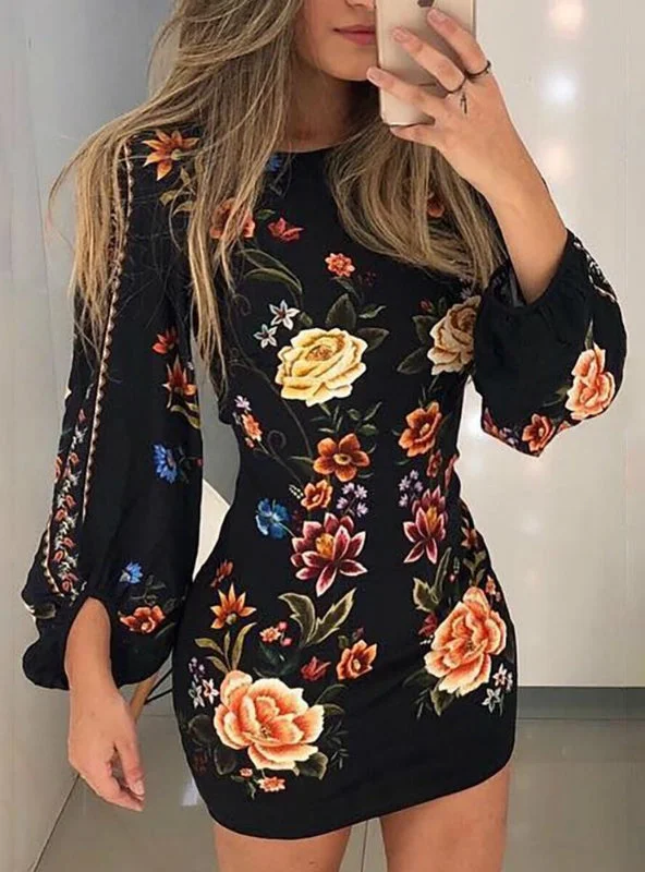 Cutout Back Bishop Sleeve Floral Bodycon Mini Dress Stylish Puff Sleeve Mini Dress