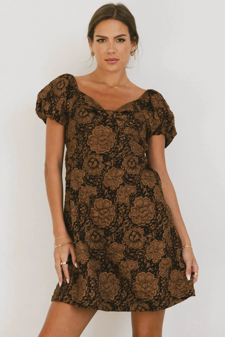 Darcella Floral Mini Dress in Brown Comfortable Bodycon Mini Dress