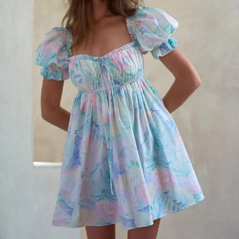 Enchanted Floral Tie-Dye Mini Dress with Backless Bow-Tie Detail Comfortable Fit-and-Flare Mini Dress