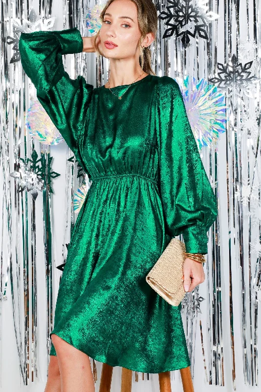 Hunter Green Metallic Holiday Puff Long Sleeve Foil Cocktail Party Mini Dress Elegant Off-Shoulder Dress Mini