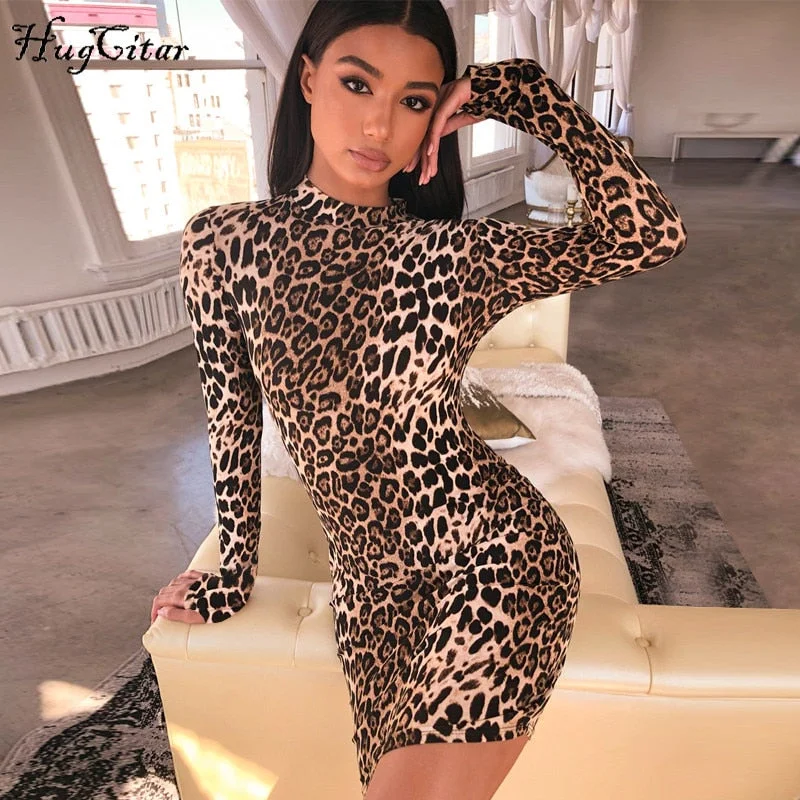 Hugcitar long sleeve high neck leopard print sexy bodycon mini dress 2019 autumn winter women fashion Christmas party clothes Fashionable Off-Shoulder Mini Dress