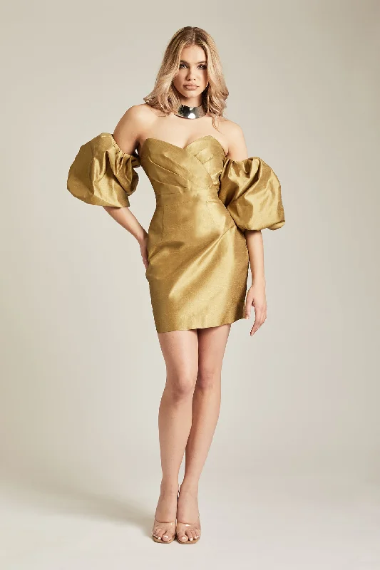 Kayla Dupioni Puff Sleeve Mini Dress (Antique Gold) Cozy Cowl Neck Mini Dress