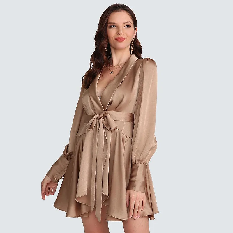 Khaki Satin Vintage Wrap Mini Dress Stylish Puff Sleeve Mini Dress