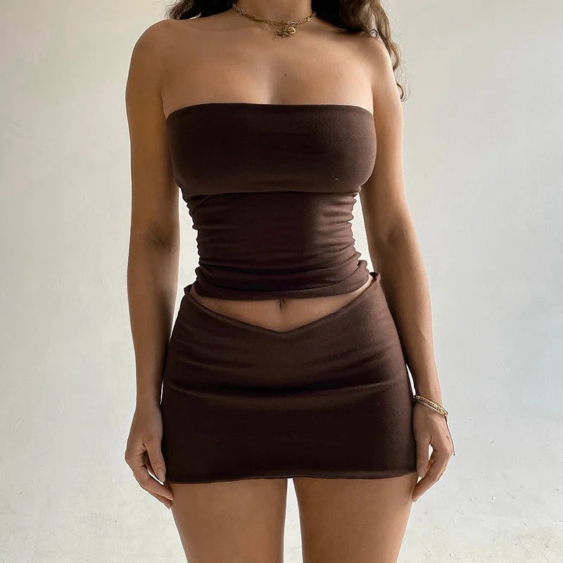 Mini Dress | Strapless Tube Top Two Pcs Set Brown Cozy Knitted Mini Dress