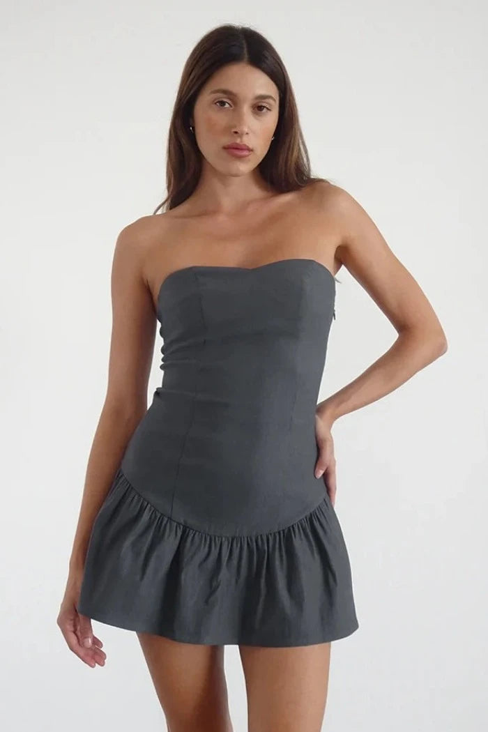 Motel Rocks Sabina Mini Dress in Charcoal Grey Casual High-Waist Mini Dress