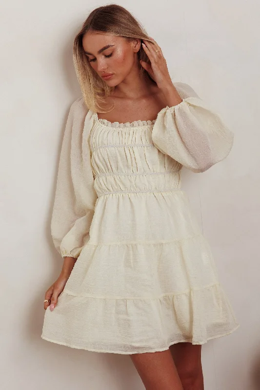 On A High Puff Sleeves Low Back Mini Dress Ivory Trendy Off-Shoulder Dress Mini