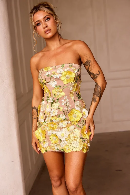 Opening Up Mini Dress - Lemon Comfortable One-Shoulder Mini Dress