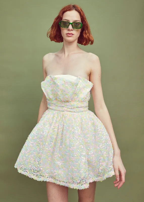 Petite Callie Gathered Bandeau Mini Dress - Pastel Sequins Elegant Mini Dress with Ruffles