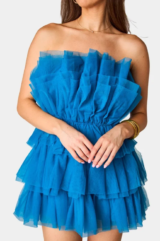 Powder Puff Strapless Tulle Mini Dress - Indigo Trendy Mesh Mini Dress