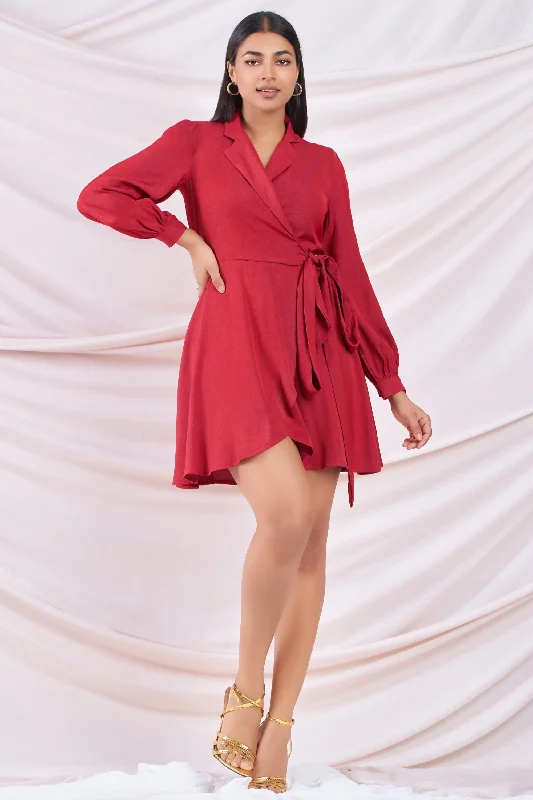 Red Wrap Mini Dress Fashionable Mini Dress with Slits