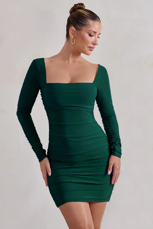 Muse | Green Long Sleeve Square Neck Ruched Mini Dress Comfortable Bodycon Mini Dress