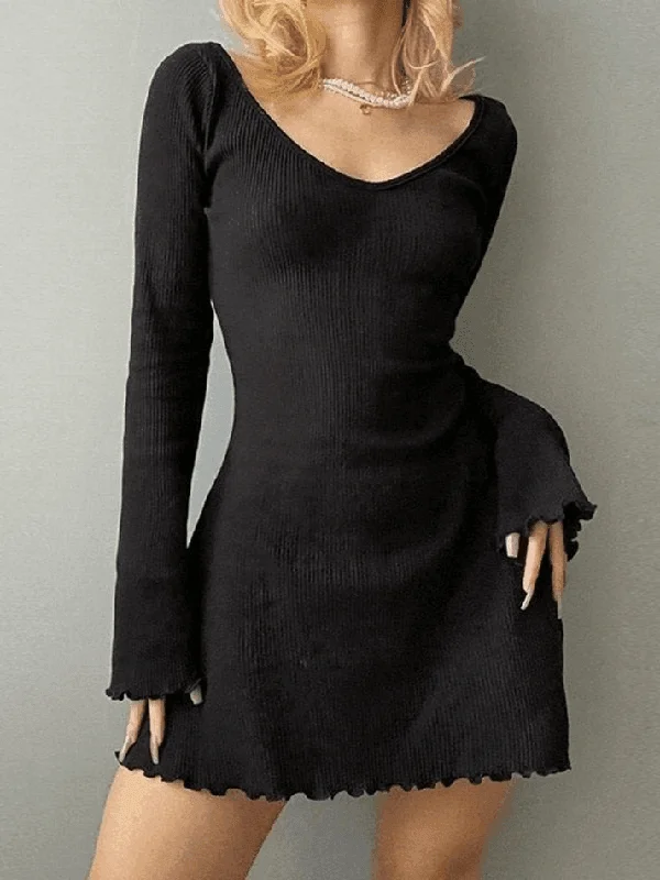 Simple Knitted Long Sleeve Mini Dress Cozy Cotton Mini Dress