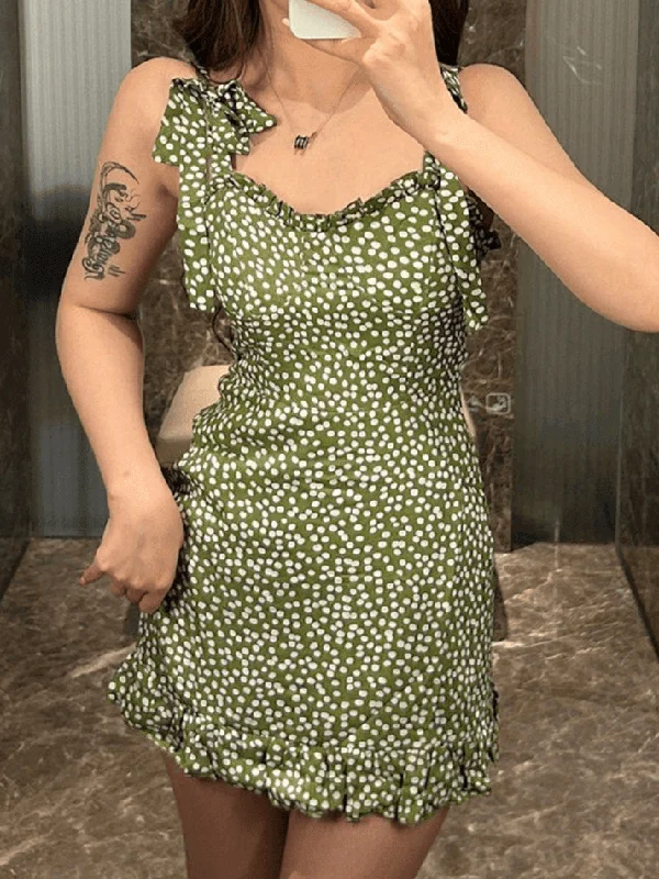 Tie Strap Polka Dot Green Mini Dress Cozy Ribbed Mini Dress