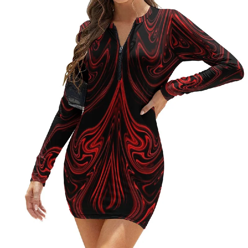 TRP Maze 01-01 Designer Half Zip Long Sleeve Bodycon Mini Dress Comfortable Shift Mini Dress