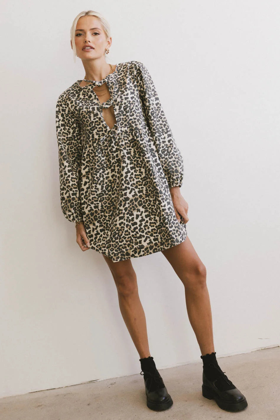 Tyler Peplum Mini Dress in Leopard Classic Black Mini Dress