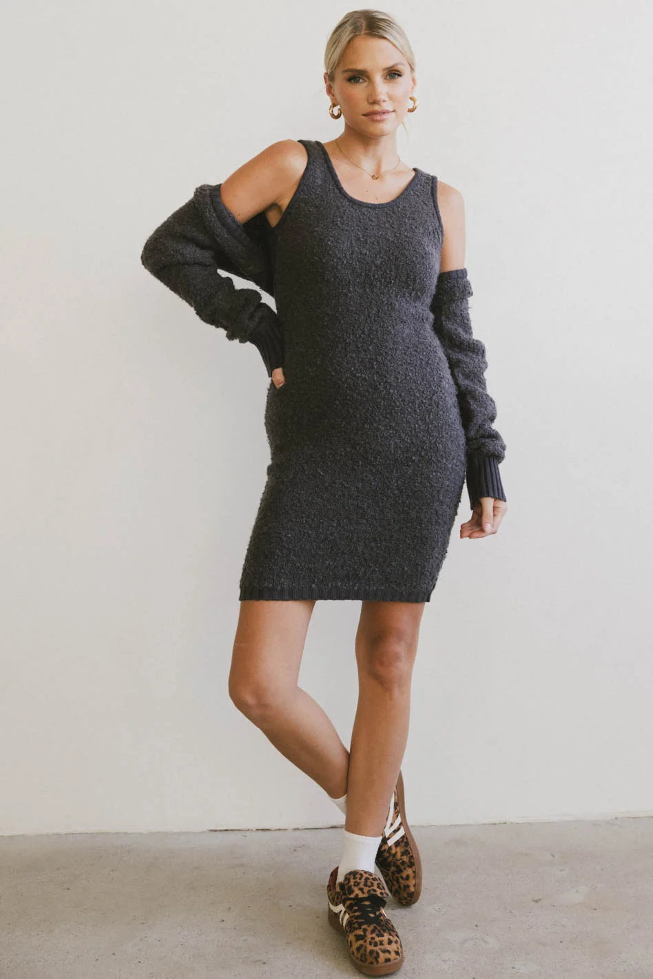 Vale Textured Knit Mini Dress in Charcoal Casual Button-Up Mini Dress