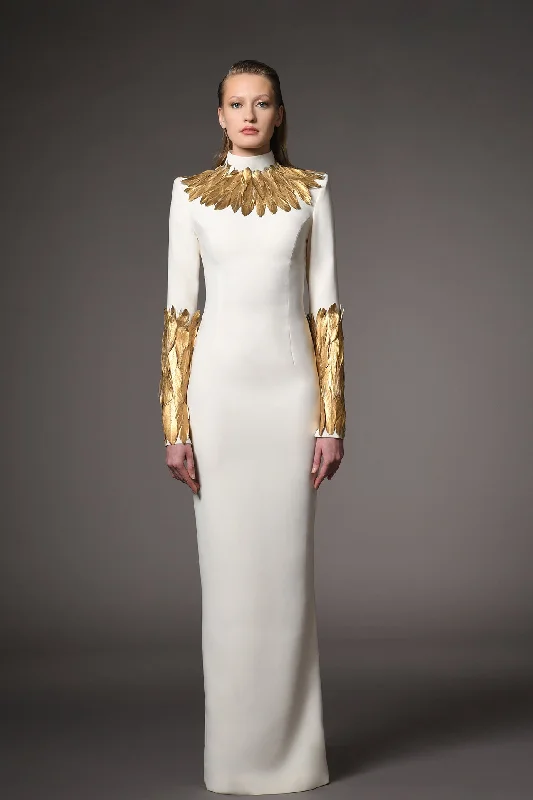 High neckline crepe dress with gold feathers