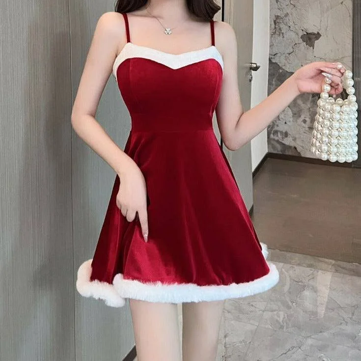Kristena Spaghetti Strap Fluffy Trim A-Line Christmas Mini Dress Classic Striped Mini Dress Kristena Spaghetti Strap Fluffy Trim A-Line Christmas Mini Dress Classic Striped Mini Dress