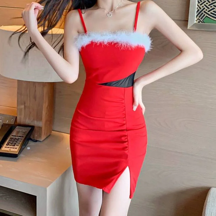 Kristianna Sleeveless Fuzzy Strappy Side Cut Out Christmas Mini Dress Fashionable Off-Shoulder Mini Dress Kristianna Sleeveless Fuzzy Strappy Side Cut Out Christmas Mini Dress Fashionable Off-Shoulder Mini Dress