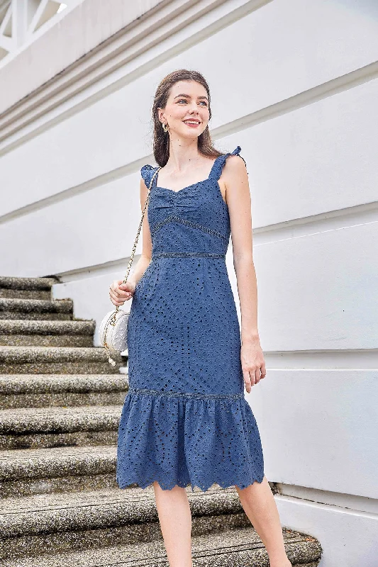 MADEBYNM CHLOE EYELET MERMAID DRESS IN CORNFLOWER BLUE
