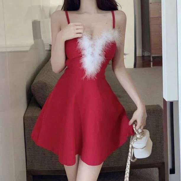 Neely Strappy Fuzzy V Neck A-Line Christmas Mini Dress Trendy Button-Detail Mini Dress Neely Strappy Fuzzy V Neck A-Line Christmas Mini Dress Trendy Button-Detail Mini Dress