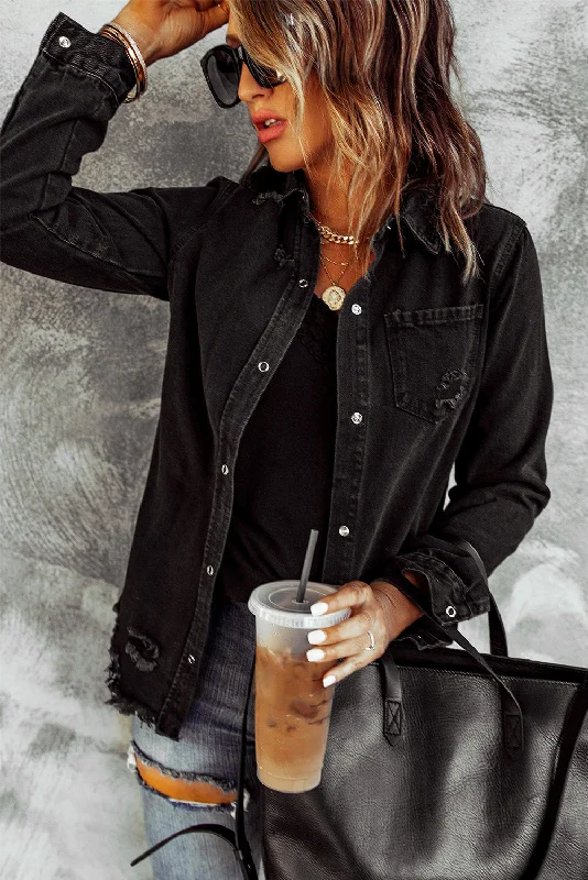 Long Sleeve Button-Down Black Ripped Denim Jean Jacket Satin Jacket Silk Jacket Chiffon Jacket