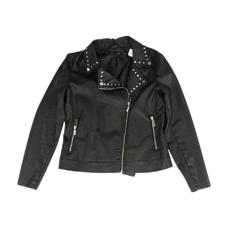 Black Solid Faux Leather Jacket Welt Pockets Slit Pockets Flap Pockets