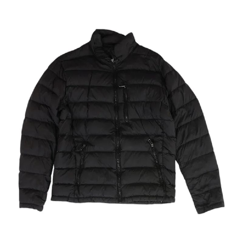 Black Solid Puffer Jacket Zip Front Button Front Snap Front