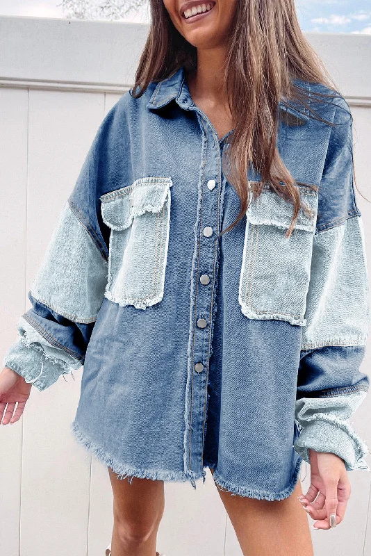 Long Sleeve Button-down Colorblock Denim Jean Jacket/Shirt Nylon Fabric Polyester Fabric Spandex Fabric