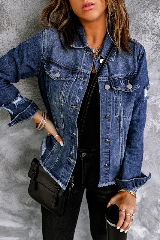 Long Sleeve Button-down Denim Jean Jacket Stand-Up Collar Roll-Neck Collar Turtle Neck