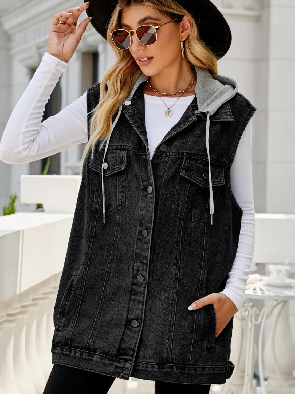 Drawstring Pocketed Button Up Sleeveless Denim Jacket Denim Jacket Leather Jacket Suede Jacket