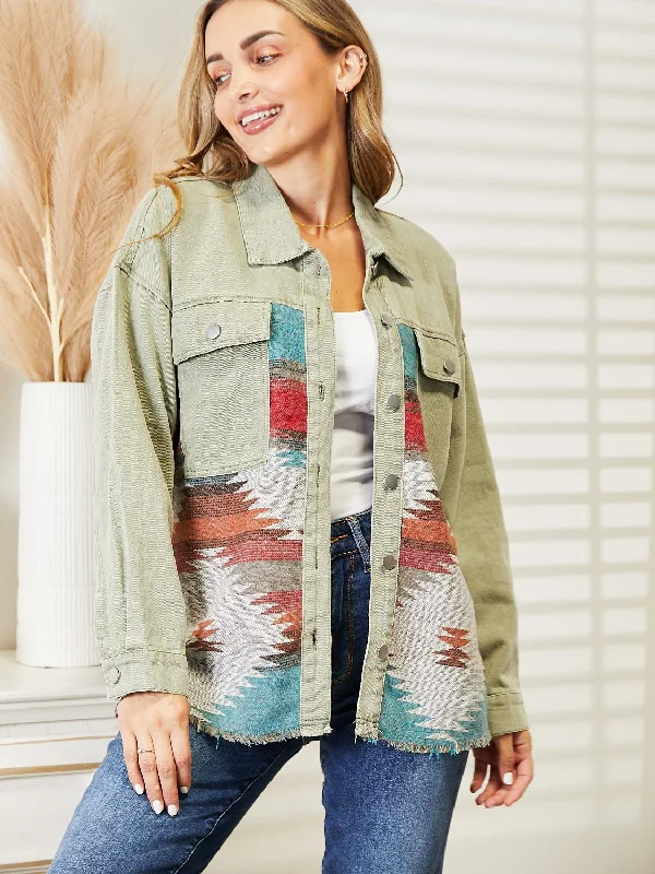 Dropped Shoulder Long Sleeve Printed Denim Jacket Belted Jacket Elasticated Jacket Padded Jacket