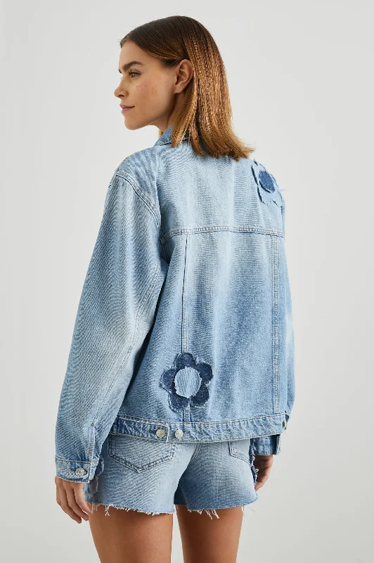 GROVE BOYFRIEND TRUCKER JACKET - INDIGO BLOOM Boat Neck Shawl Collar Notched Collar