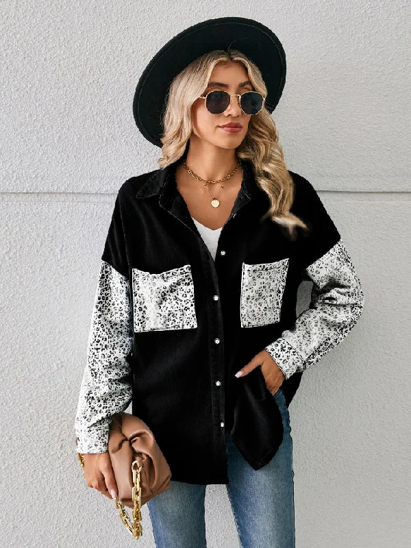 Leopard Button Up Denim Jacket Collared Jacket Crew Neck Jacket Turtle Neck Jacket