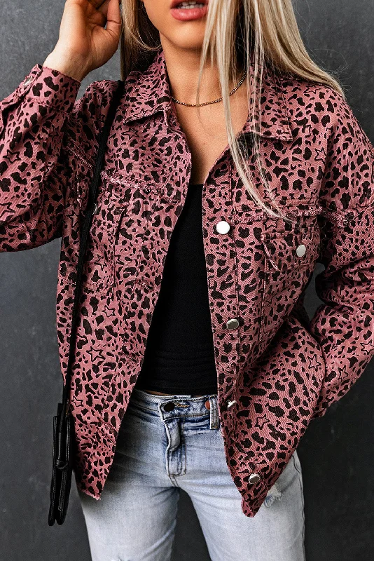 Long Sleeve Button-down Pink Leopard Print Denim Jean Jacket Front Pockets Side Pockets Patch Pockets