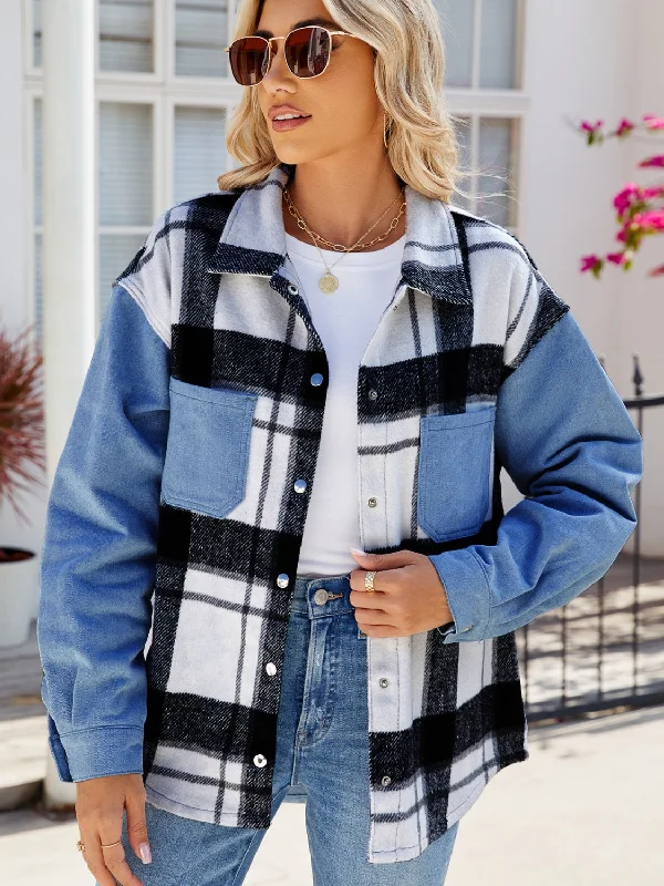 Pocketed Plaid Snap Down Denim Jacket Hooded Jacket Caped Jacket Shawl Collar Jacket