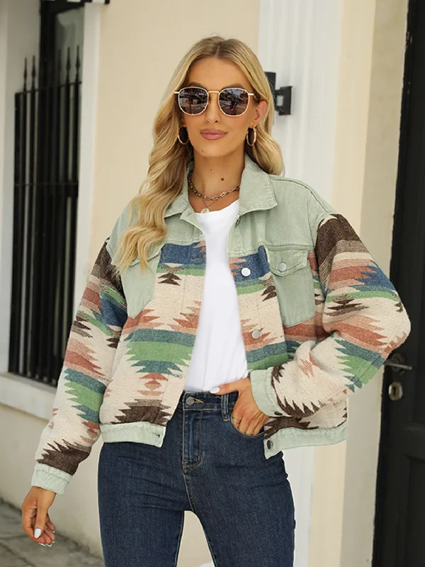 Printed Dropped Shoulder Long Sleeve Denim Jacket V-Neck Jacket Boat Neck Jacket Square Neck Jacket