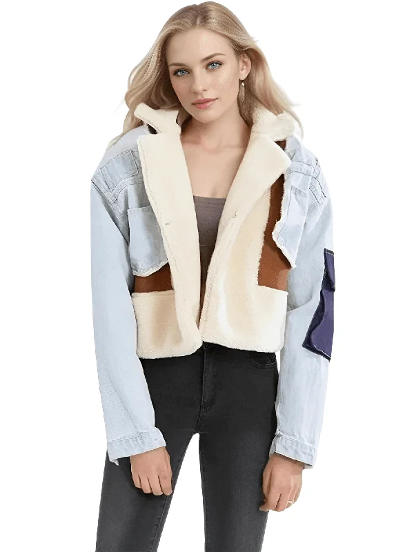 Women's Patchwork Lamb's Wool & Denim Jacket Tailored Jacket Straight Jacket A-Line Jacket