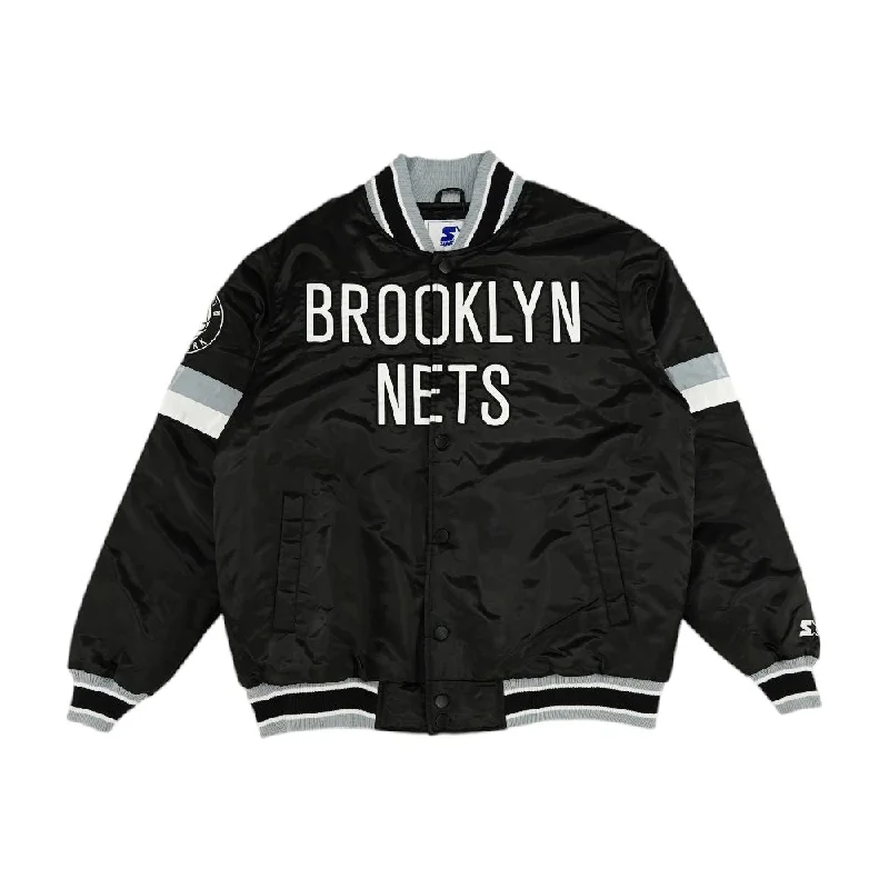 Black Brooklyn Nets Striped Varsity Jacket Nylon Fabric Polyester Fabric Spandex Fabric