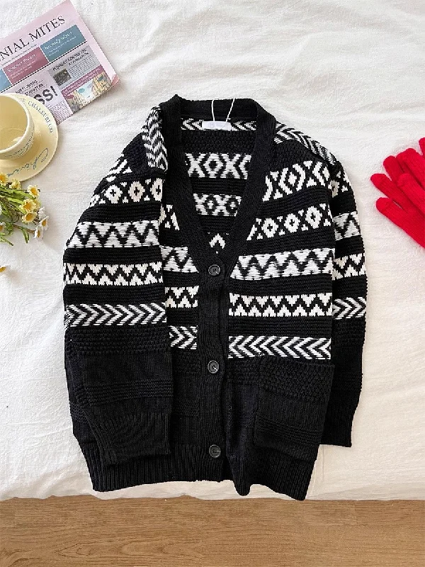 black v-neck casual knitted cardigan jacket    S4778 Tailored Jacket Straight Jacket A-Line Jacket