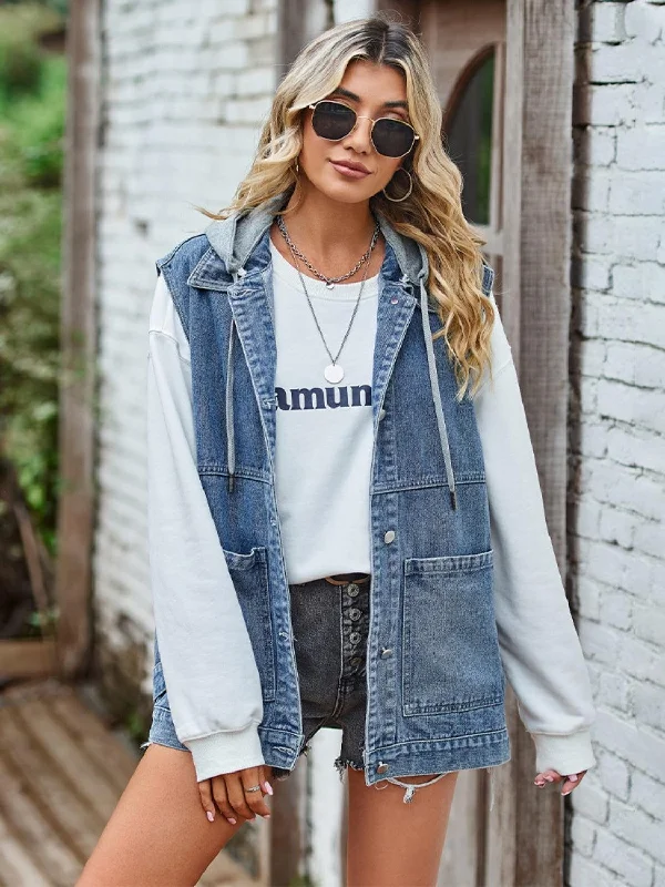 Button Up Sleeveless Denim Jacket with Pockets V-Neck Jacket Boat Neck Jacket Square Neck Jacket