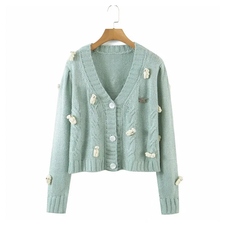 Cartoon little bear knitted cardigan cute loose sweet cardigan jacket  7236 Striped Jacket Polka Dot Jacket Floral Jacket