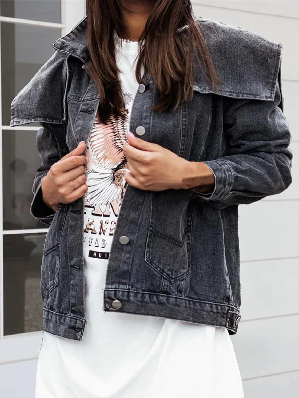 Collared Neck Button Down Denim Jacket Bomber Jacket Anorak Windbreaker