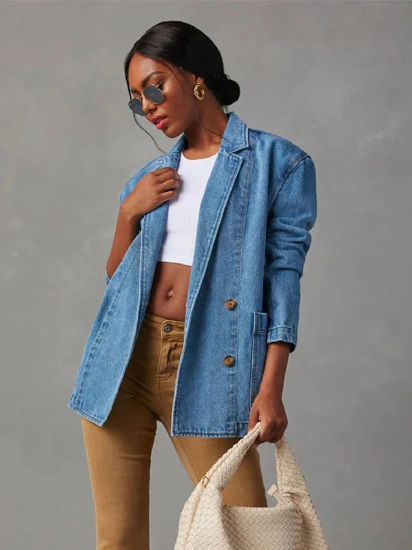 Collared Neck Long Sleeve Denim Jacket Fitted Jacket Loose Jacket Oversized Jacket