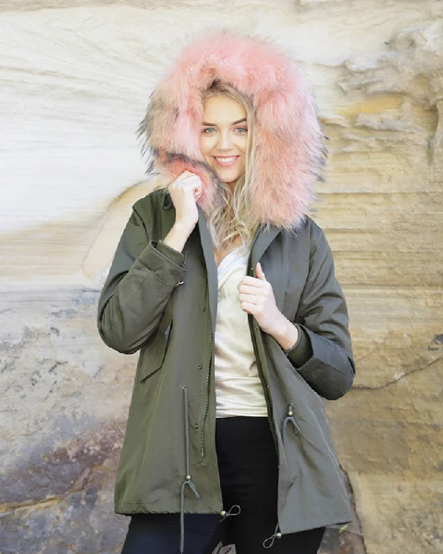 Parka Jacket Green Pink Faux Fur Fabric Real Fur Fabric Shearling Fabric