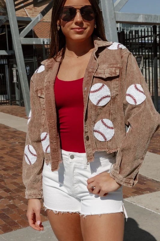 PITCH PERFECT EMBELLISHED BASEBALL CORDED JACKET IN BROWN Knit Jacket Woven Jacket Fleece Jacket