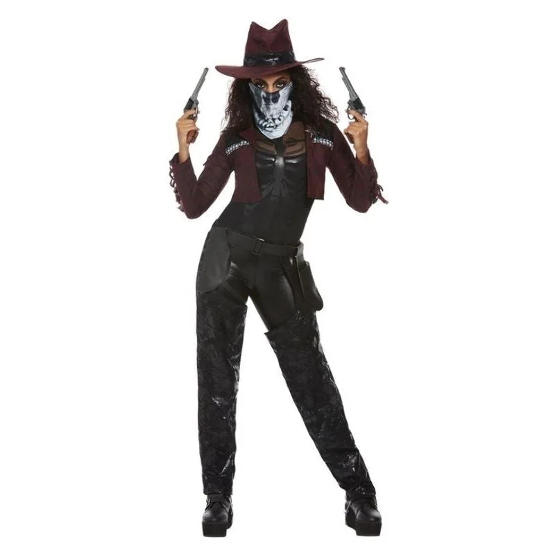 Dark Spirit Western Cowgirl Ladies Halloween Costume Jacket Chaps Hat Holster Mask Knit Fabric Woven Fabric Fleece Fabric