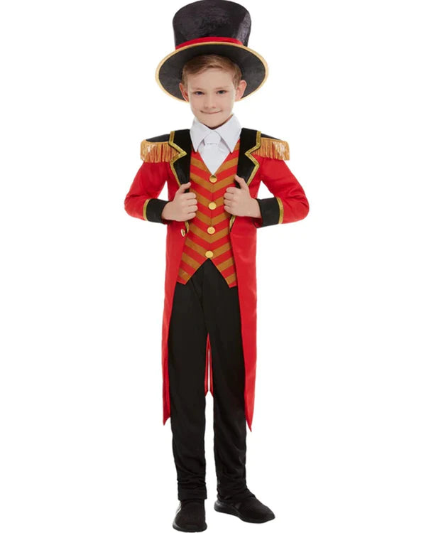 Ringmaster Deluxe Boys Costume Red Jacket, Mock Shirt, Trousers And Hat Denim Fabric Leather Fabric Suede Fabric